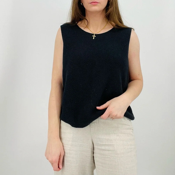 SOLD vintage minimalist boho knit tank crewneck slouchy top black coastal L - Picture 1 of 8